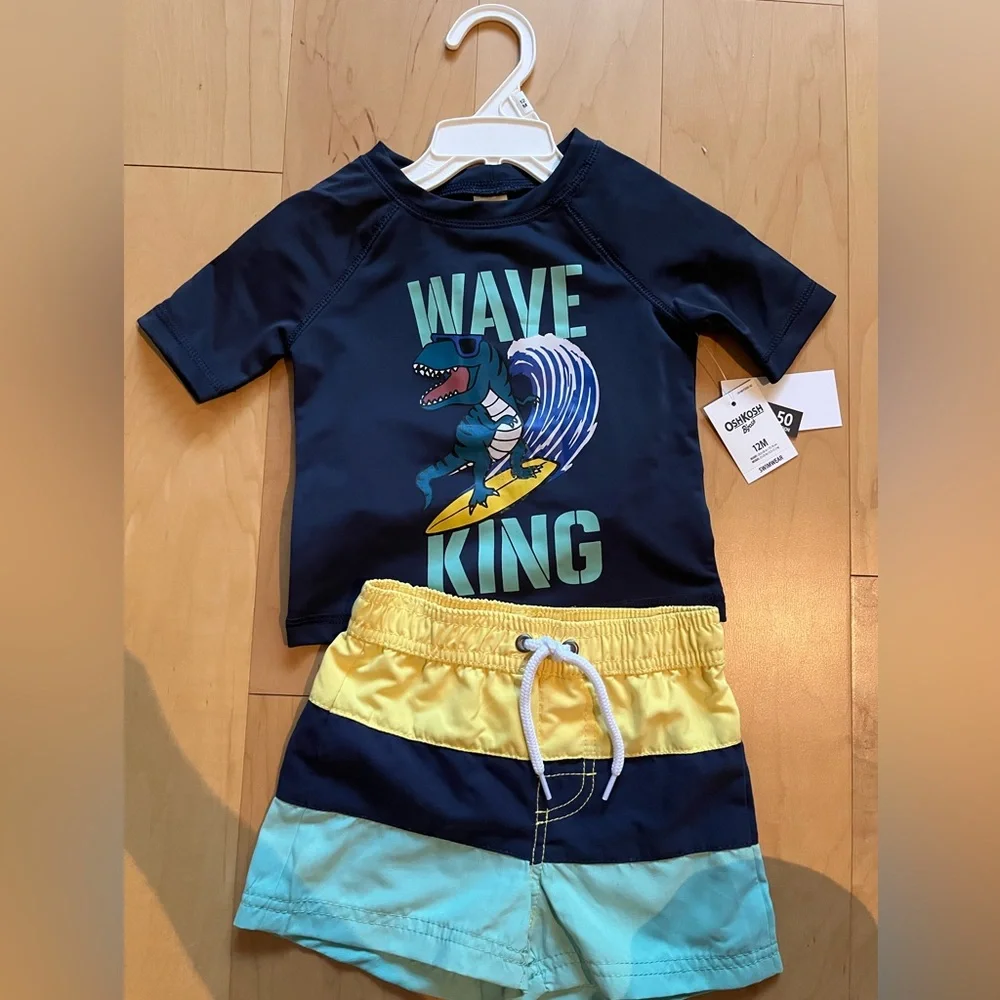 Oshkosh Kids 'Wave King' Navy Rash Guard Swim Set with Yellow & Aqua Shorts